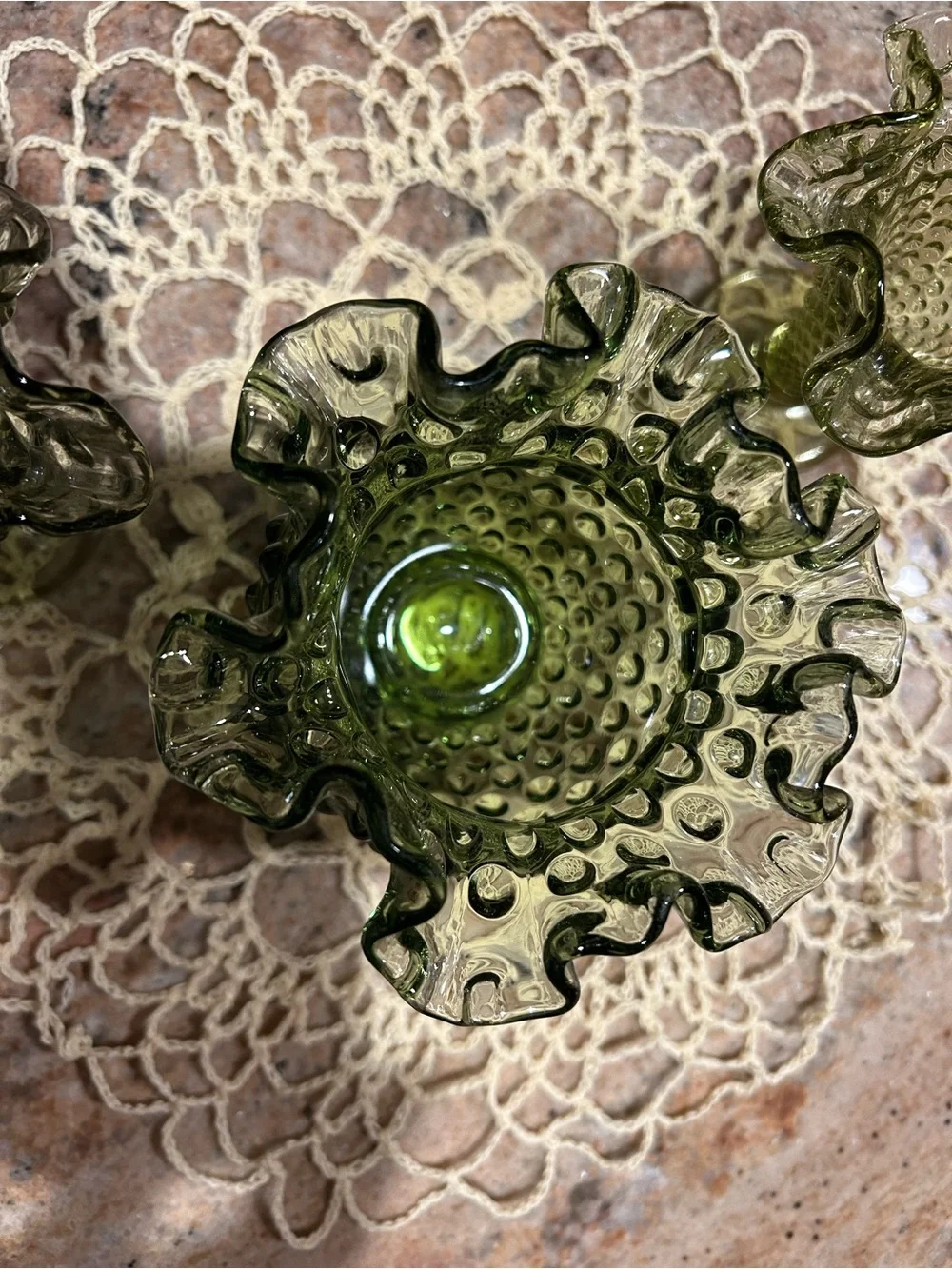 Fenton Forest Green Raised Hobnail Glass Vase Set (3) Flawless pieces. 4”&4.50”